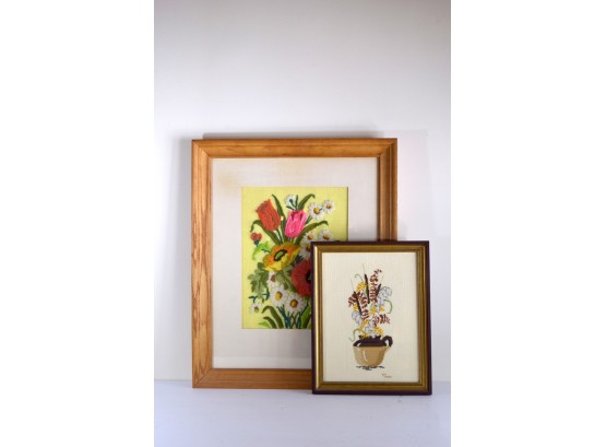 Pair - Framed Needlepoint Floral Motif