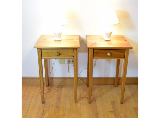Pair - Side Tables And Glass Lamps With Shades.