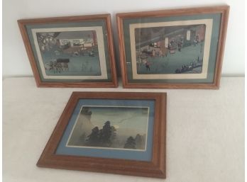 Three Wood Blocks (Oriental Signed)  Oak Frames Under Glass