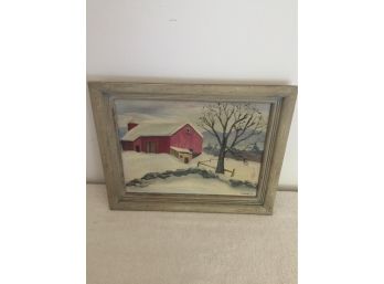 Nice Winter Scene Of A Barn And LandscapeOil On Board Nice Frame Primitive Type Painting O/b