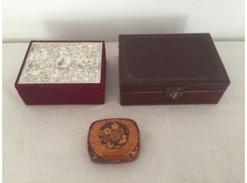 Three Old Jewelry Boxes One Leather, Small One Composite Material ,One Silver Clad And Velvet
