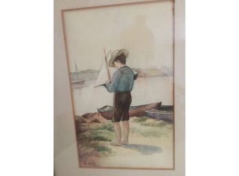 Nice Watercolor Signed (M McKeon )Of A Boy And Boats