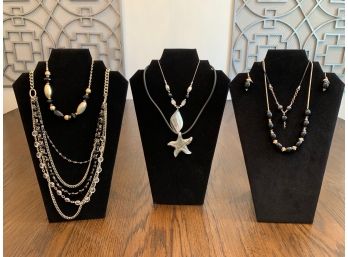 Group Of 7 Black And Silver Tone Fashion Jewelry