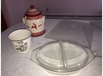 Miscellaneous Lot Of Kitchen Items Including Cutting Boards, Pyrex, Plates, Etc.