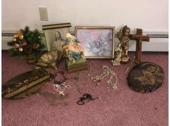 Lot Of Various Religious Items Including Figurines, Rosary Beads, Blessing Cross, Etc.