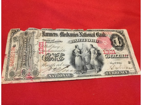 August 1865 Mechanics National Bank Hartford One Dollar Bill