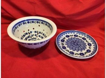 Polish Pottery Strainer Bowl And Plate