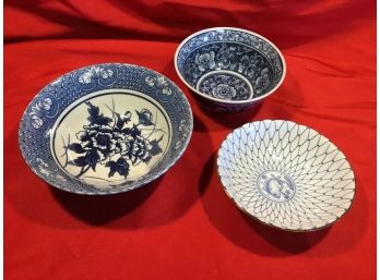 Lot Of 3 Blue And White Bowls