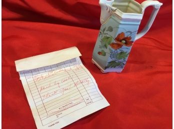 Delicate China Pitcher With Original Purchase Receipt.