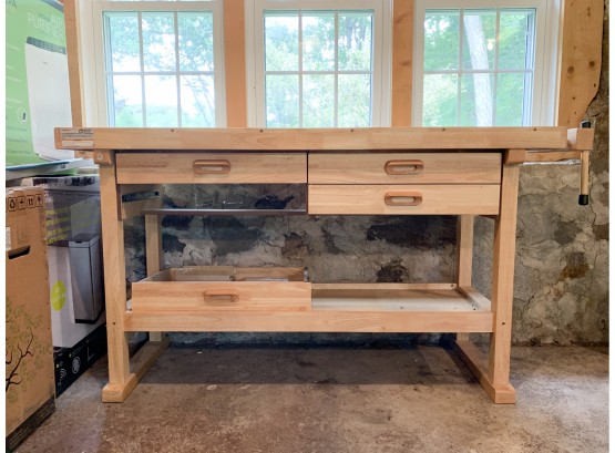 Wooden Work Bench With Four Drawers And Lower Shelf