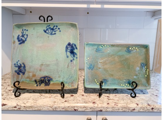 Two Glazed Terracotta Pottery Plates In Blue / Green Hues