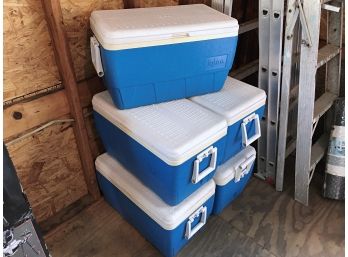 Five Igloo Blue Coolers