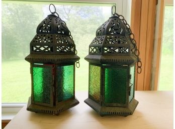Pair Colored Glass Paneled Lanterns