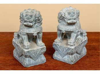 Pair Grey Carved Stone Opposing Foo Dogs