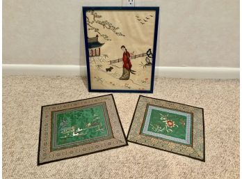 1 Asian Picture Framed & 2 Silk Pictures