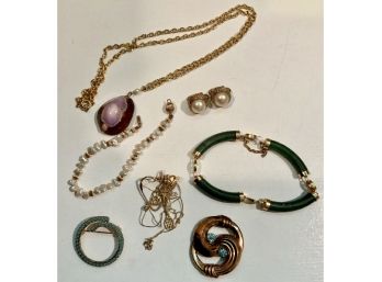 Misc. Jewelry Lot Includes Jade Bracelet H.S.B.  12Kt Gf Brooch & More