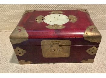 Vintage Shanghai China Rosewood Jewelry Box W/Brass & Jade Medallions