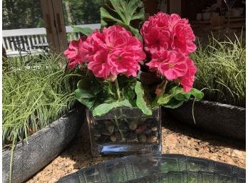 Glass Vase W/ Silk Geraniums, 2 Artificial Grass Planters