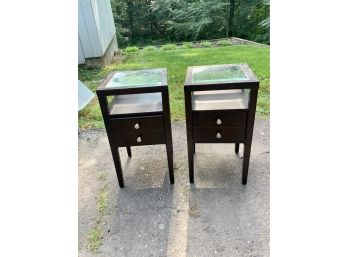 2 Black Glass Top End Tables W/Drawer