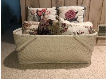 7 Needlepoint Decorative Pillows In Bassinet.