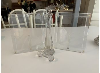 2 Lucite Photo Holders; Crystal Vase With Flower Base