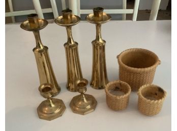 3 Solid Brass Candlesticks And More