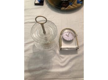 Crystal Pedestal Dish And Quartz Lucite Clock
