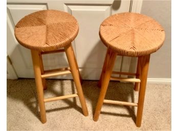 Pair Solid Wood Stools With Rush Seats