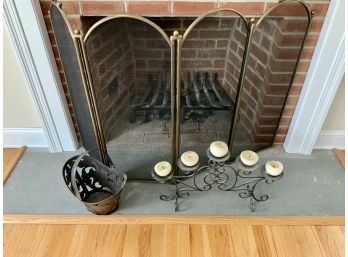 Fireplace Screen, Metal Basket & Candle Holder