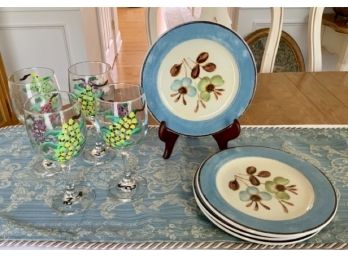 4 Hand Painted Wine Glasses & 4 Pier One Plates