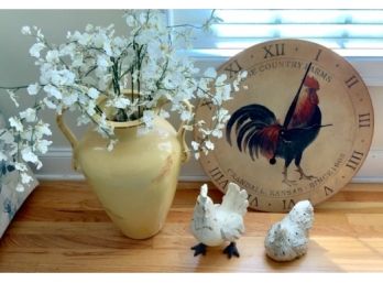 Yellow Vase, Rooster Clock & 2 Roosters