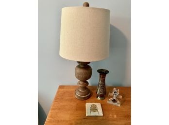 Nice Lamp With Fabric Shade, Vase And Perfume Bottle