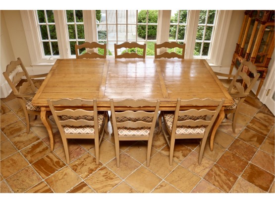 Vintage French County Style Farmhouse Pine Cabriole Leg Dining Table With 2 Built-In Extensions, 6 Ladder Back Side Chairs, 2 Ladder BackArm Chairs