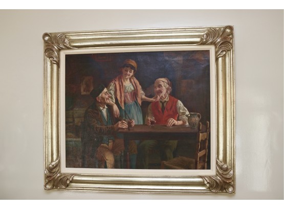Antique Jules Zermati (1880 -1920) Italy Circa 1910 Oil On Canvas Depicting Mutual Admiration With Silver Gilded Carved Wood Frame