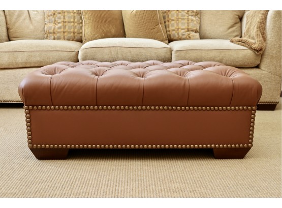 Large Soft Rust Leather Tufted Weighted Ottoman With Sturdy Wood Legs