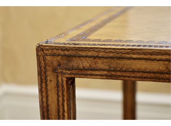 Maitland-Smith Patinated Cognac Tooled, Stitched, And Wrapped Leather Table