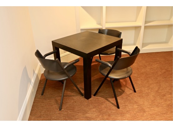 Multi Purpose Black Game / Dining Table With 3 Grey And Black Leather Arm Chairs