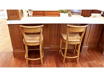 Set Of 2 French Country Distressed Bar Height Stools With Lacquered Rush Seat 2 Of 2