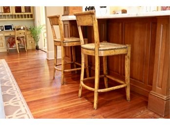 Set Of 2 French Country Distressed Bar Height Stools With Lacquered Rush Seat 1 Of 2