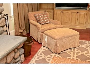 Swivel Butternut And Russet Diamond Patterned Rolled Arm Chair With Ottoman And Needlepoint Pillow