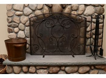Wrought Iron Fireplace Screen, Tool Set, And Antiqued Copper Log Holder
