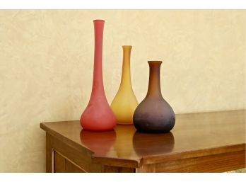 Signed Set Of 3 Signed Frosted Glass Vases In Jewel Tone Hues  And Various Silhouettes