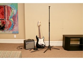 Fender Squier Strat By  Affinity Electric Guitar, Squier Champ 15 Guitar Amplifier PR-408, And Shure Mic Stand