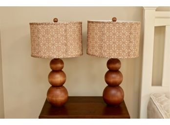 Set Of 2  3-Tier Sphere Bottle Silhouette Wooden  Base Lamps With Finely Stylized Geometric Sepia Print Shades