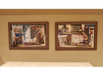 Set Of 2 Daniel Kline Geometric Wall Art With Distressed Beveled Frame