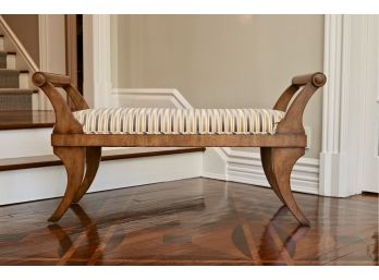 Biedermeier Inspired Bench Elegantly Upholstered In Muted Striped Grey And Mustard Cut Velvet