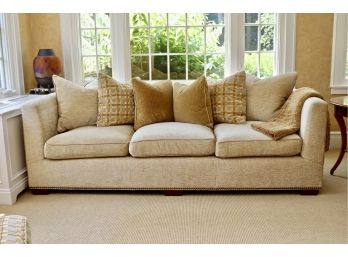 Custom Chenille Cream 3 Cushion Sofa With Leather Piping Trim
