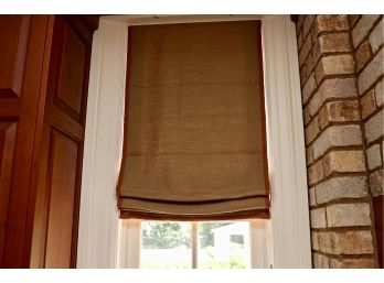 Set Of 4 Custom Made Roman Window Basketweave Shades Taupe With Russet Binding With Beautiful Oval Weights