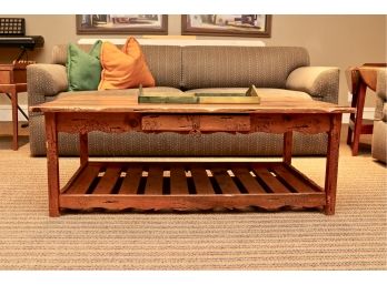 3 Board Plank Antique Table With One Drawer And Louvered Ladder Base With Rusted Metal Pull By Design