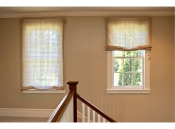 Set Of 2 Sheer  Roman Shades Plus 1 Cream Embroidered  Roman Shade With Beautiful Oval Weighted Cord Pulls.